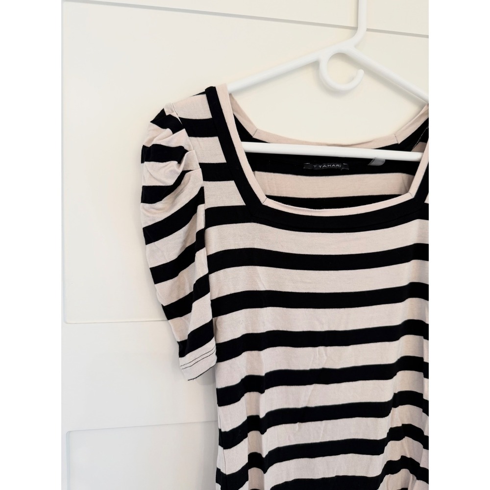 T Tahari Womens Striped Puff Sleeve Square Neck Knit Top Black Beige XS - Picture 2 of 6